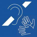 oreille barrée et deux mains communiquent en langue des signes