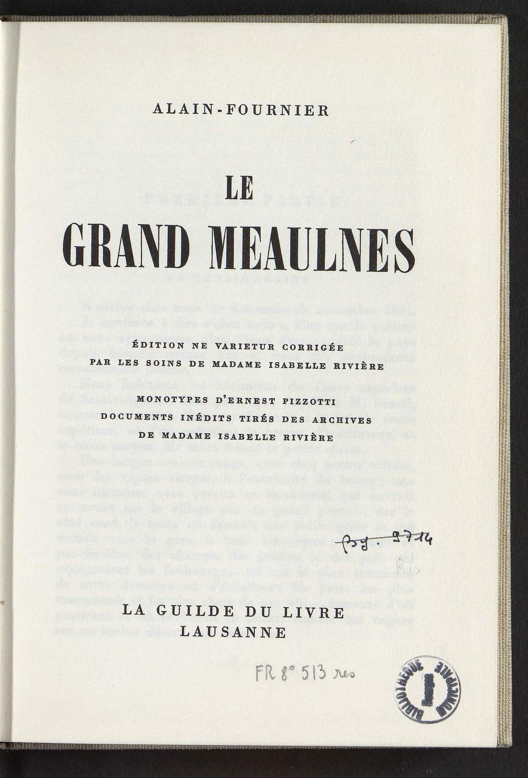 Le Grand Meaulne, illustré par Ernest Pizzoti, La Guilde du Livre, 1937